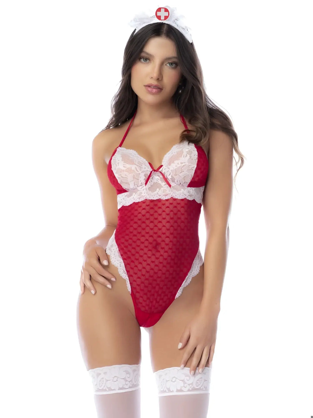 Red and white lace nurse-themed bodysuit with mesh panels from mapale 60070 in front view