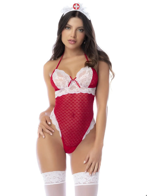 Red and white lace nurse-themed bodysuit with mesh panels from mapale 60070 in front view