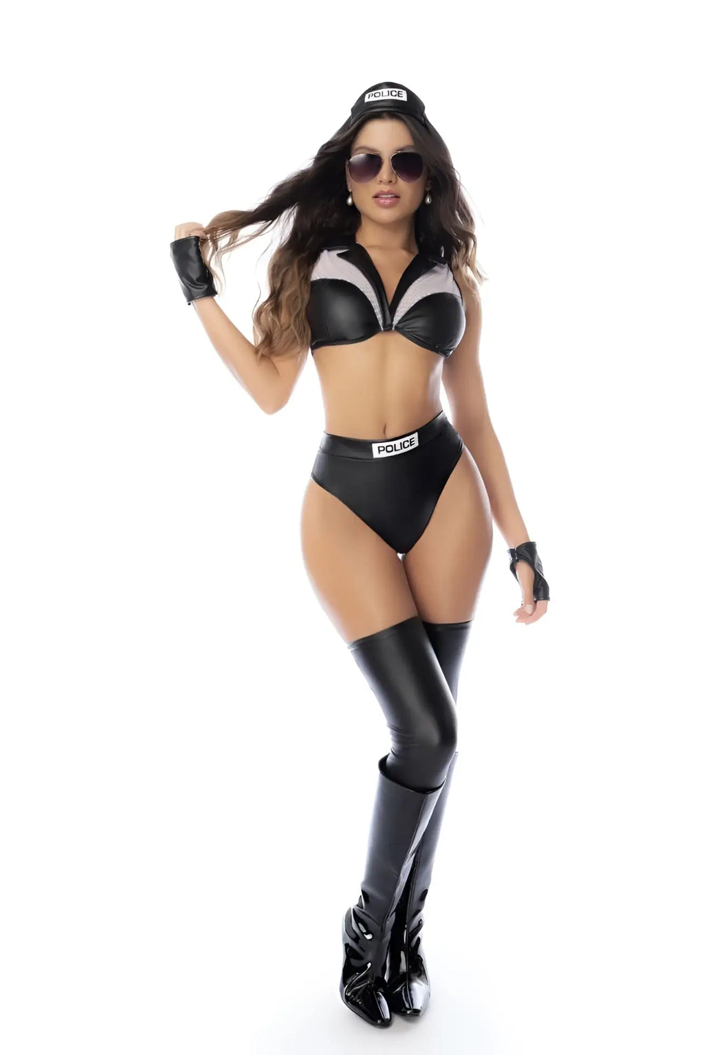 Black faux leather police costume mapale 60075 with shiny high boots and matching gloves as shown