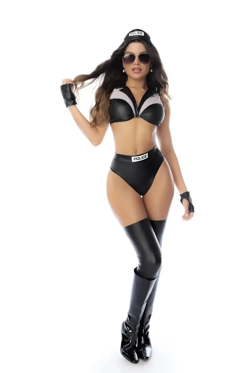 Black faux leather police costume mapale 60075 with shiny high boots and matching gloves as shown