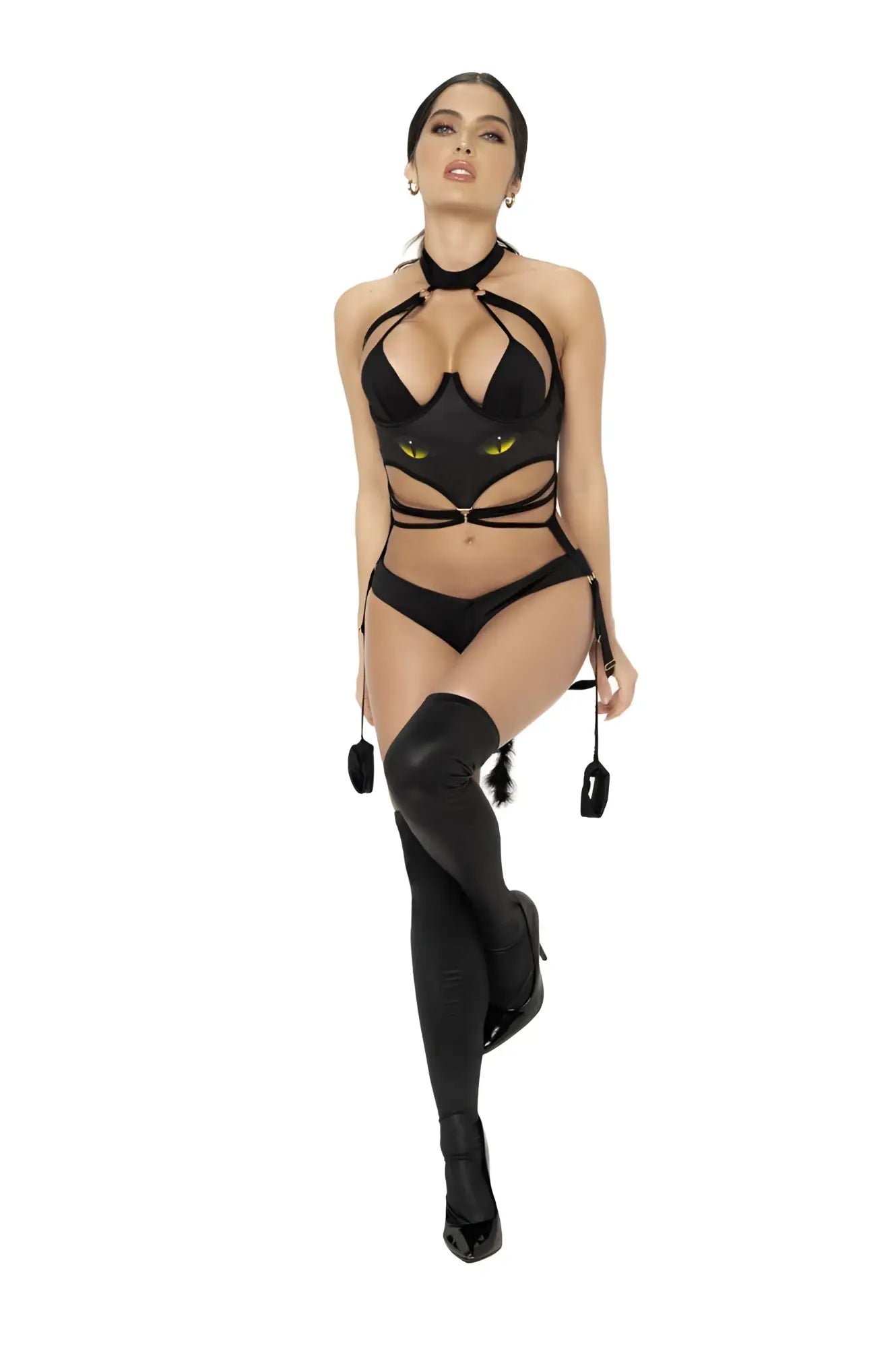Black cat-themed mapale 6471 costume with lace-up straps and glowing yellow eyes in black color