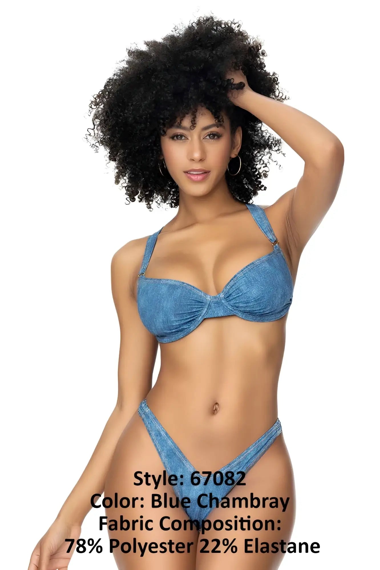 Blue chambray Mapale 67082 underwired two piece swimsuit with bow detail on bikini top and matching bottoms