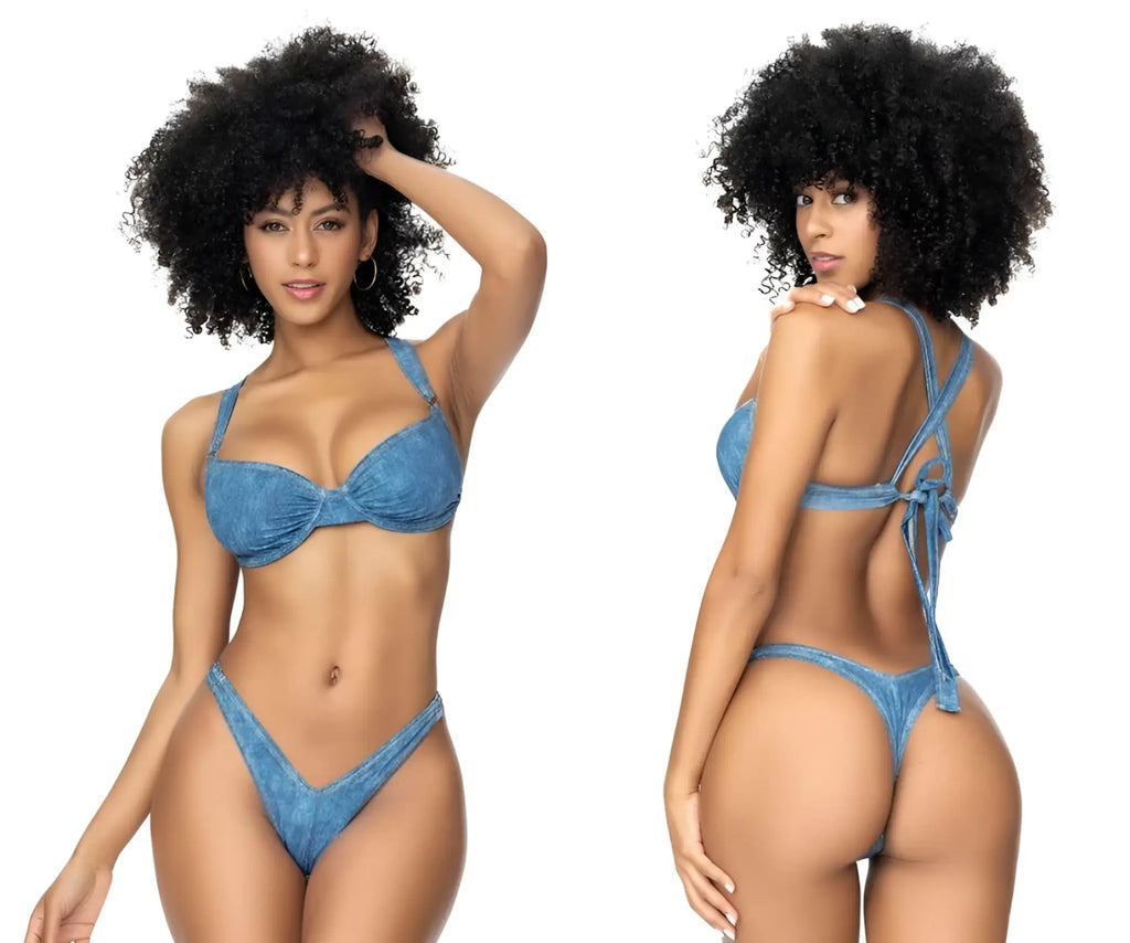 Blue chambray denim bikini set by Mapale underwired bra top with bow front and high-cut tie-back bottoms