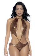 Mapale 67101 one piece swimsuit in golden hour bronze snake print with halter deep cut and side ties