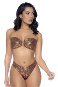 Bronze sequined strapless bikini set with central ring detail and high cut bottoms mapale 67102 golden hour