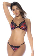 A vibrant mapale 67110 two piece swimsuit in fire leopard print with black lace trim and thin straps