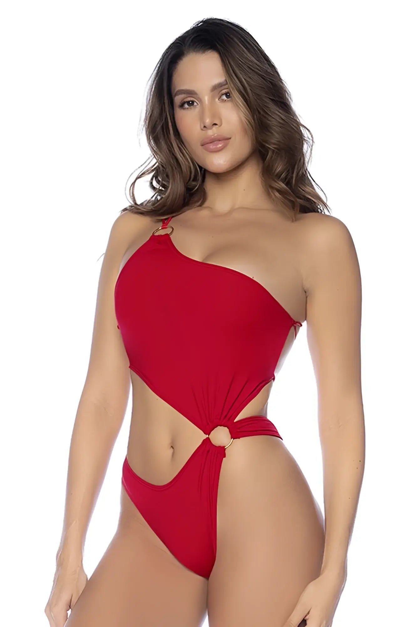 Mapale 67112 one piece swimsuit in vibrant red with one shoulder cut-out design and knot detail at the waist