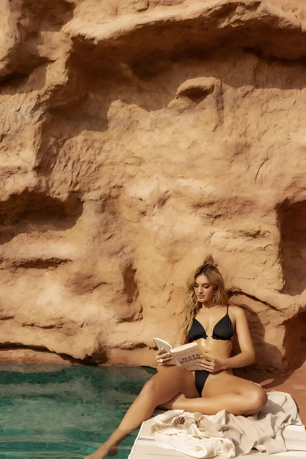 A woman sits by the poolside reading a book wearing a black Mapale 67166 two piece swimsuit