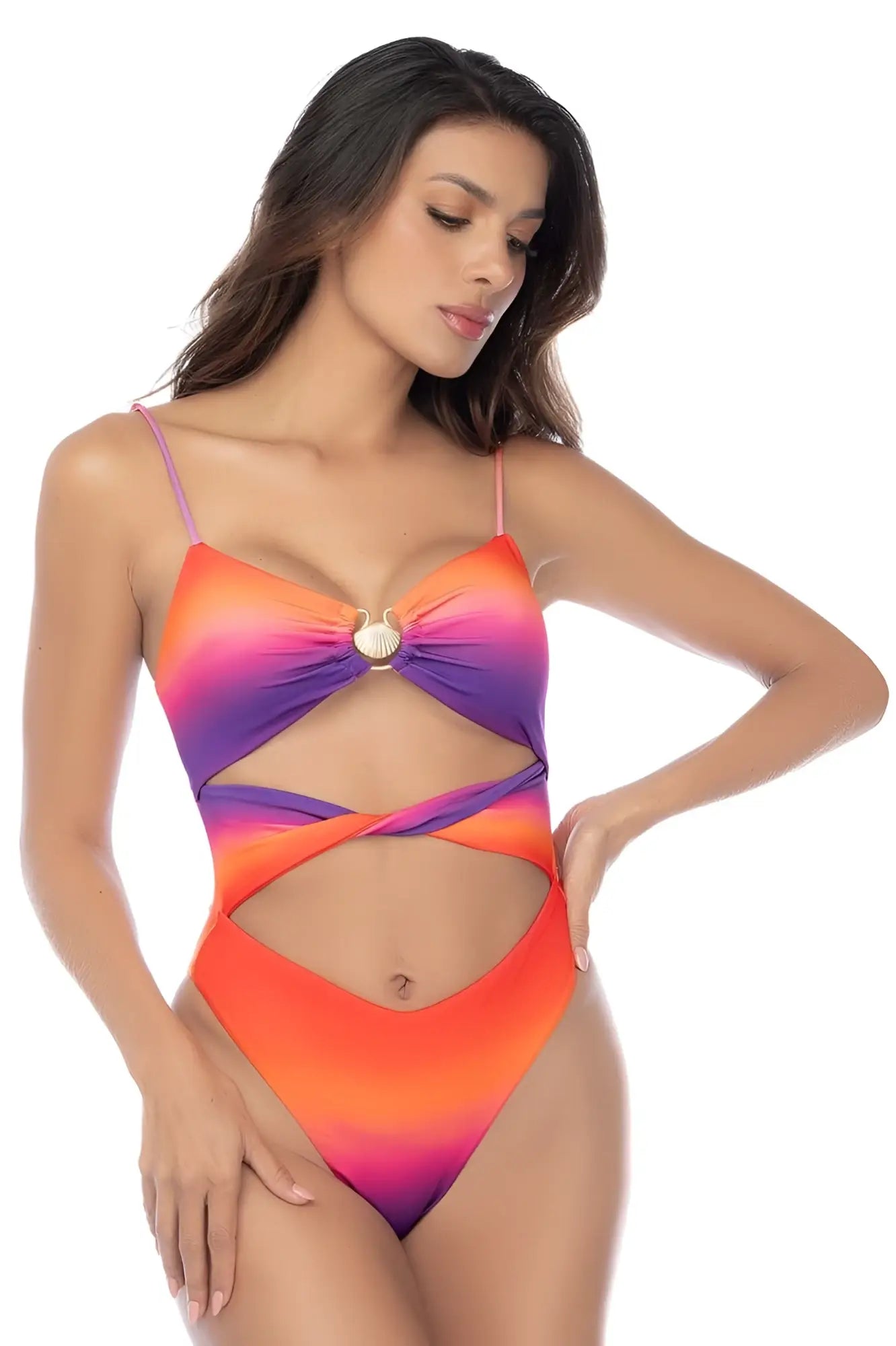 Mapale 67176 one piece swimsuit in rose dusk with vibrant orange to purple gradient, thin straps, and shell accent