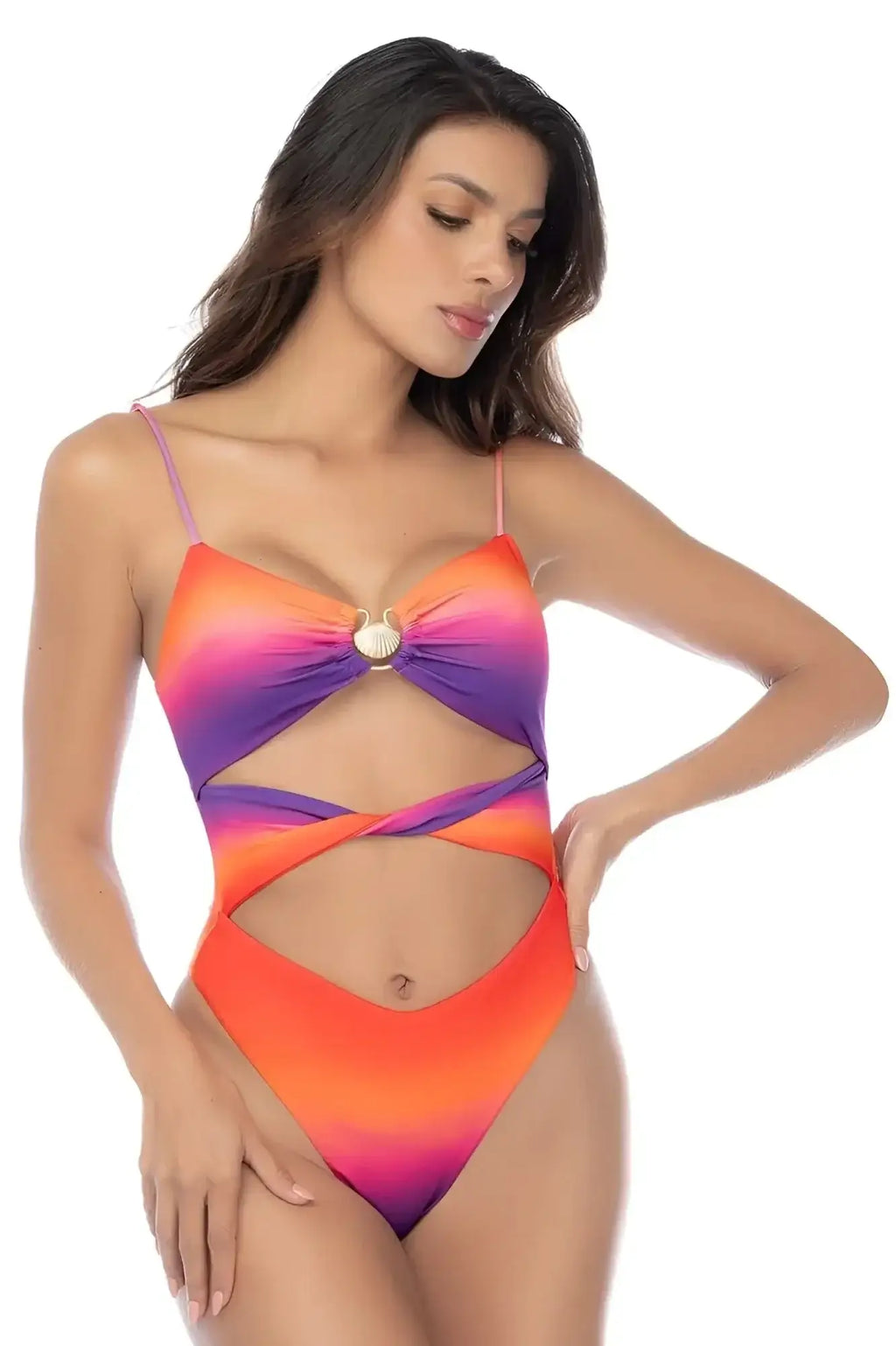 Mapale 67176 one piece swimsuit in rose dusk with vibrant orange to purple gradient, thin straps, and shell accent