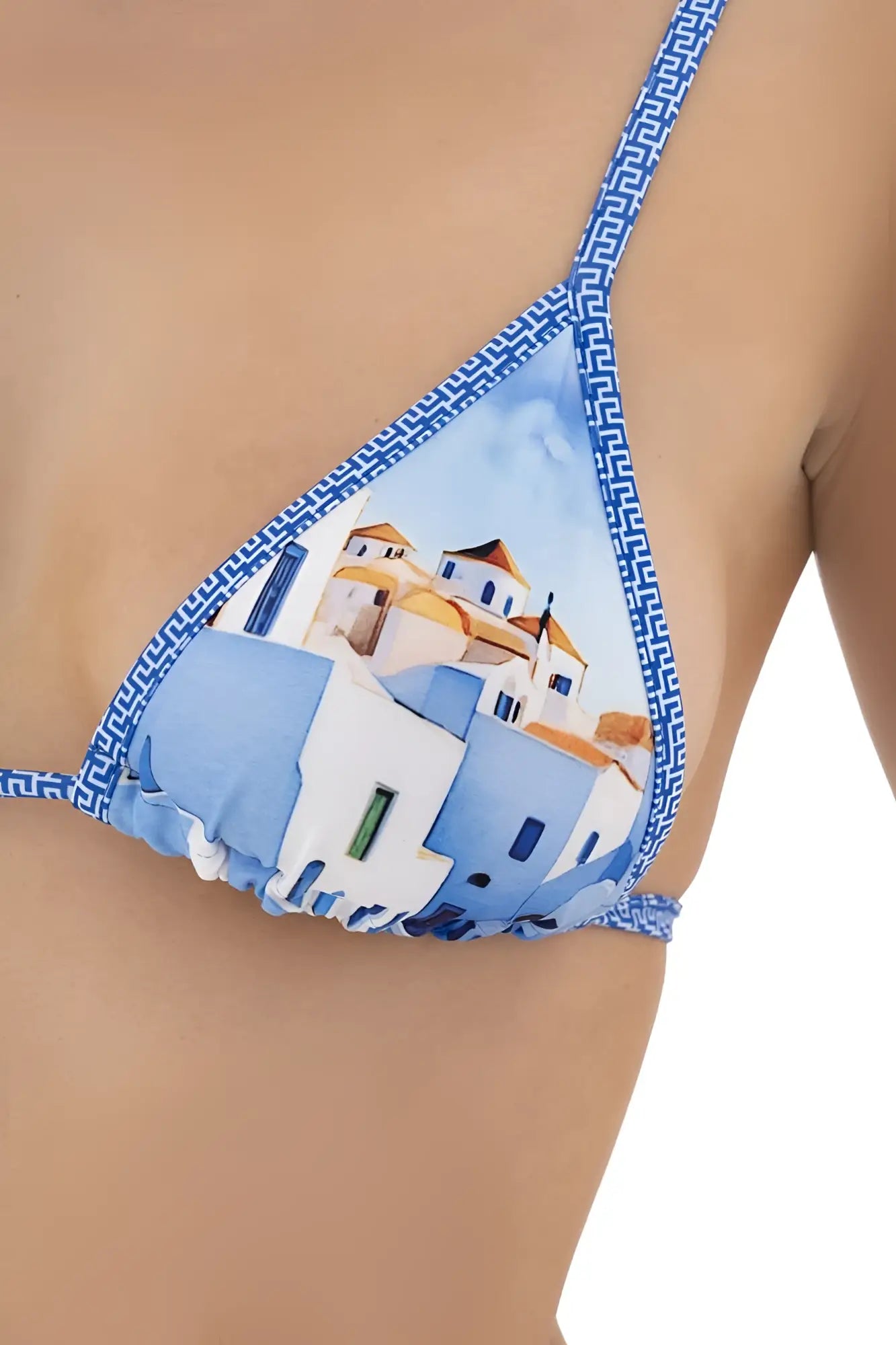 Blue and white printed triangle bikini top with greek island village design from mapale 67177 two piece swimsuit
