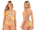 Vibrant tropical print golden tropic one-piece swimsuit with cut-out side and adjustable back ties by mapale