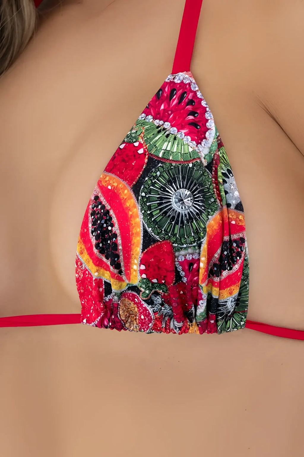 Mapale 67190 two piece swimsuit featuring a vibrant fruit-themed triangle bikini top with sequins and beads in forbidden fruit colors