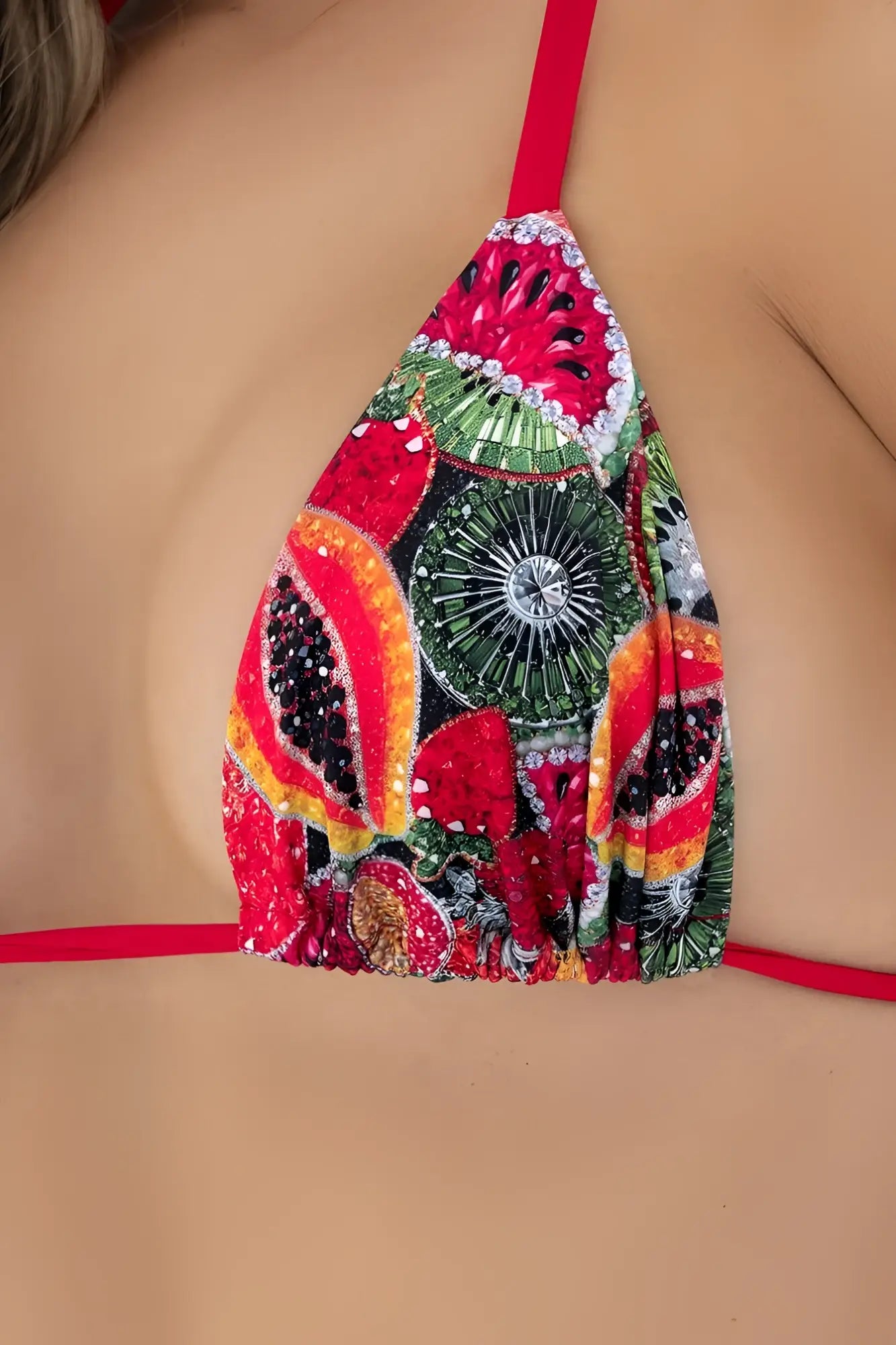 Mapale 67190 two piece swimsuit featuring a vibrant fruit-themed triangle bikini top with sequins and beads in forbidden fruit colors