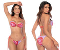 Mapale 67192 two piece swimsuit in vibrant pink and lavender tropical print with coral-colored tie accents