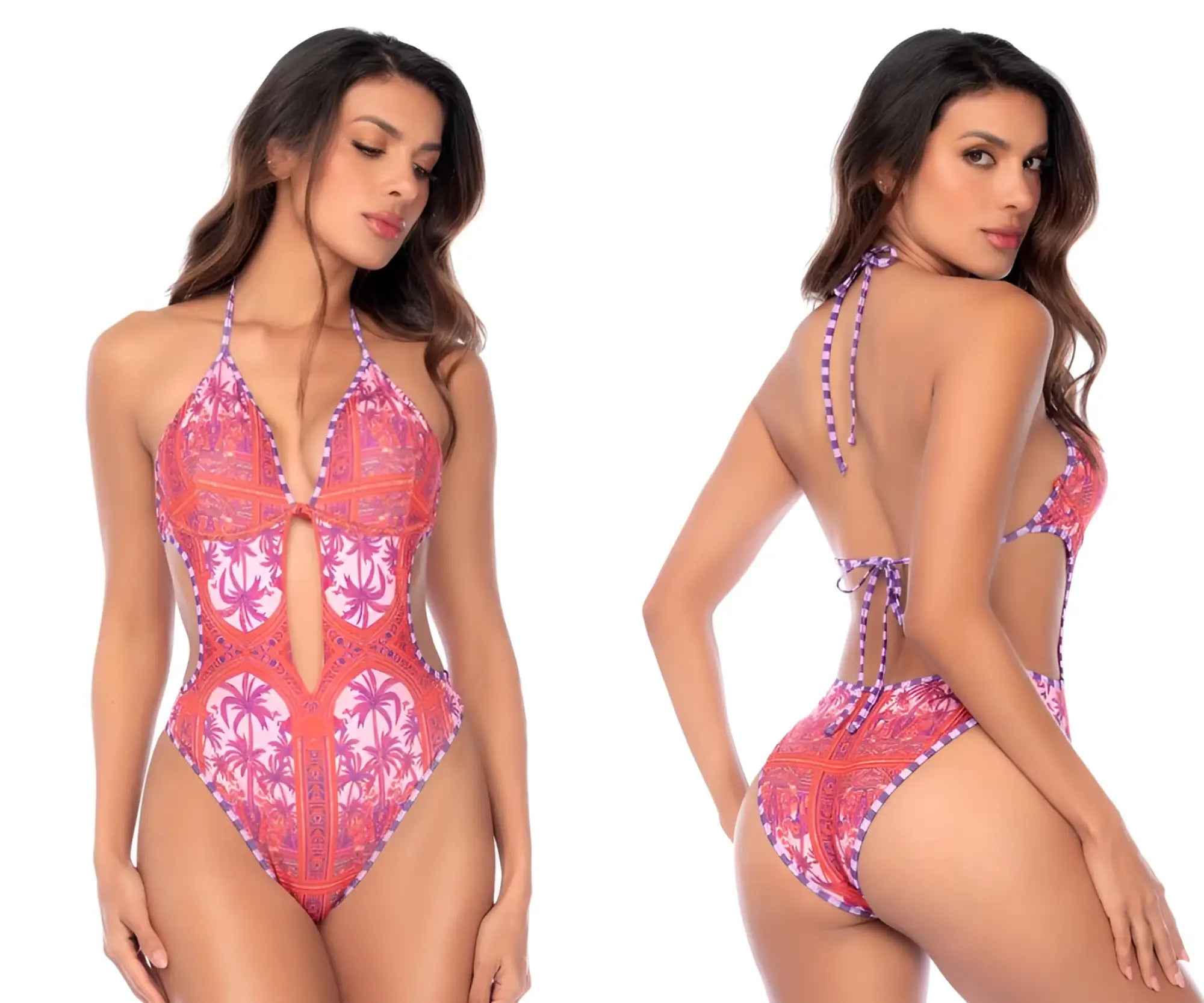 Mapale 67193 one piece swimsuit in vibrant coral and purple with tropical palm tree pattern and cut-out halter neck design