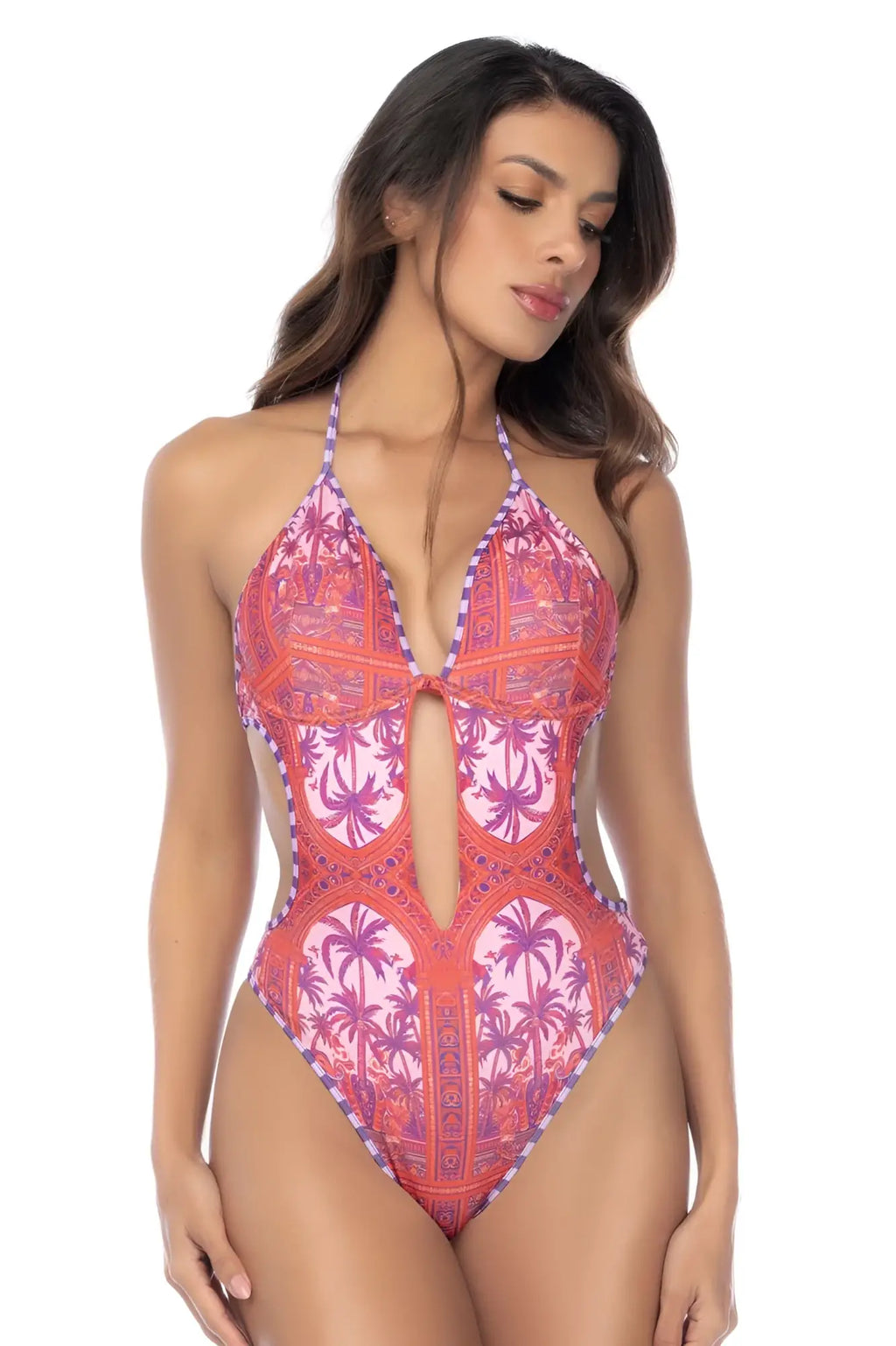 Mapale 67193 one piece swimsuit in coral and purple palm tree pattern with halter neckline and keyhole bust cutout