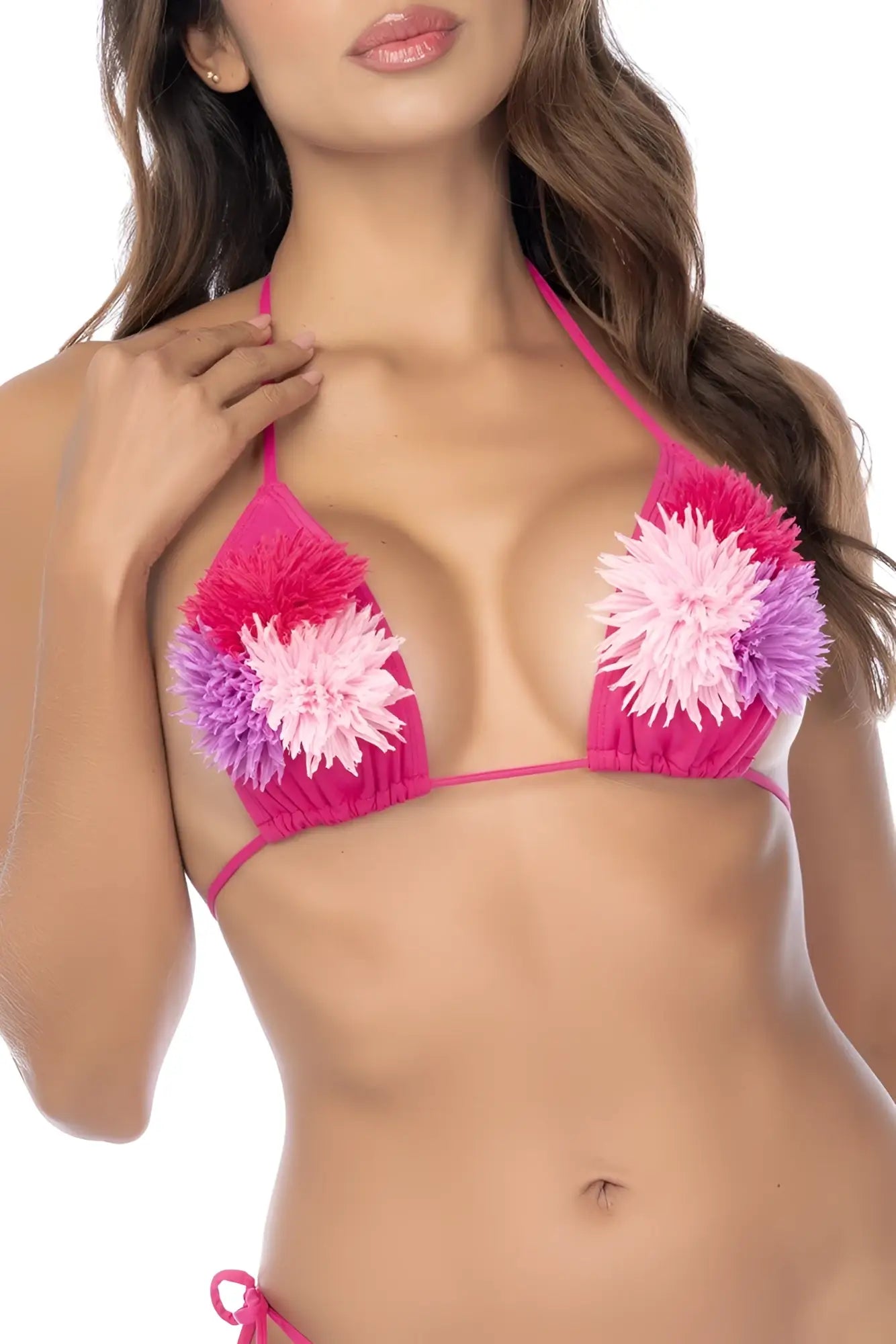 Mapale 67194 two piece swimsuit vibrant pink triangle bikini top with oversized fluffy pink and purple pom-pom flowers