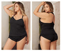 Black plus-size tank top and shorts two piece pajamas set with lace trim details by mapale 7095x in black