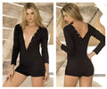 Mapale 7223 long sleeve black one-piece romper with deep v-neck and front and back button details for sleepwear