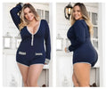 Mapale 7233X navy blue long sleeve sleep romper with gray trim and white patterned pockets for comfy loungewear