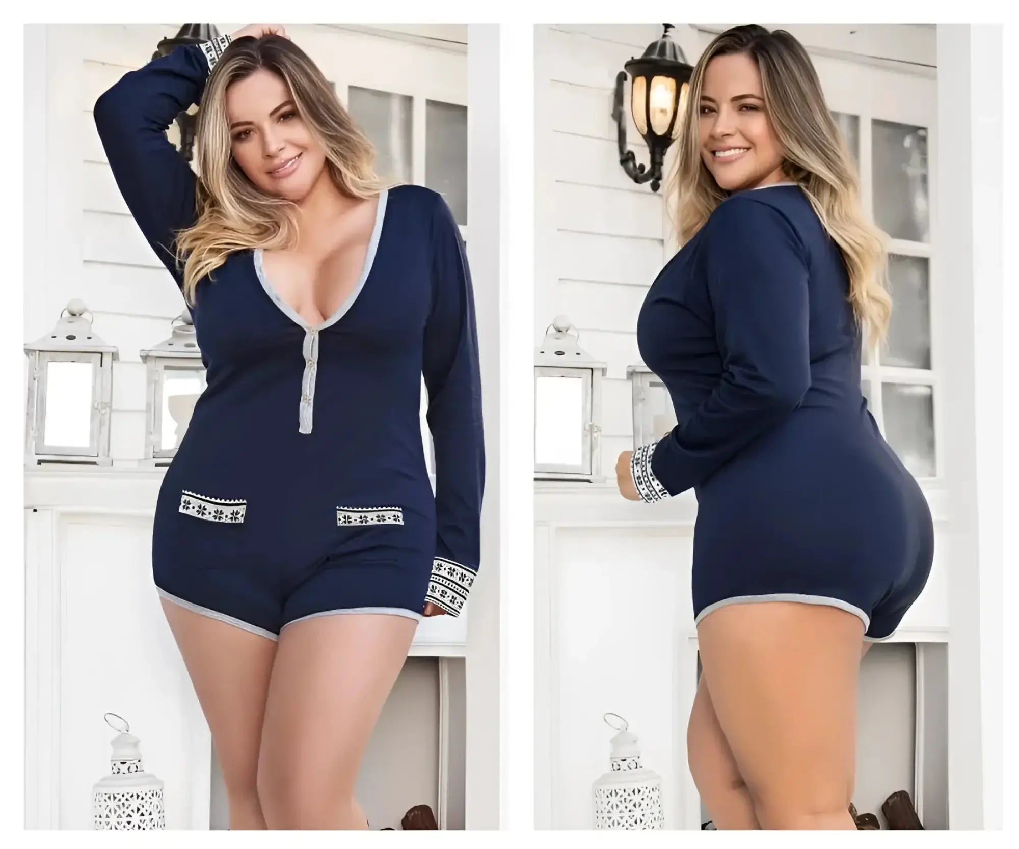 Mapale 7233X navy blue long sleeve sleep romper with gray trim and white patterned pockets for comfy loungewear