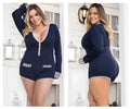 Mapale 7233X navy blue long sleeve sleep romper with gray trim and white patterned pockets for comfy loungewear