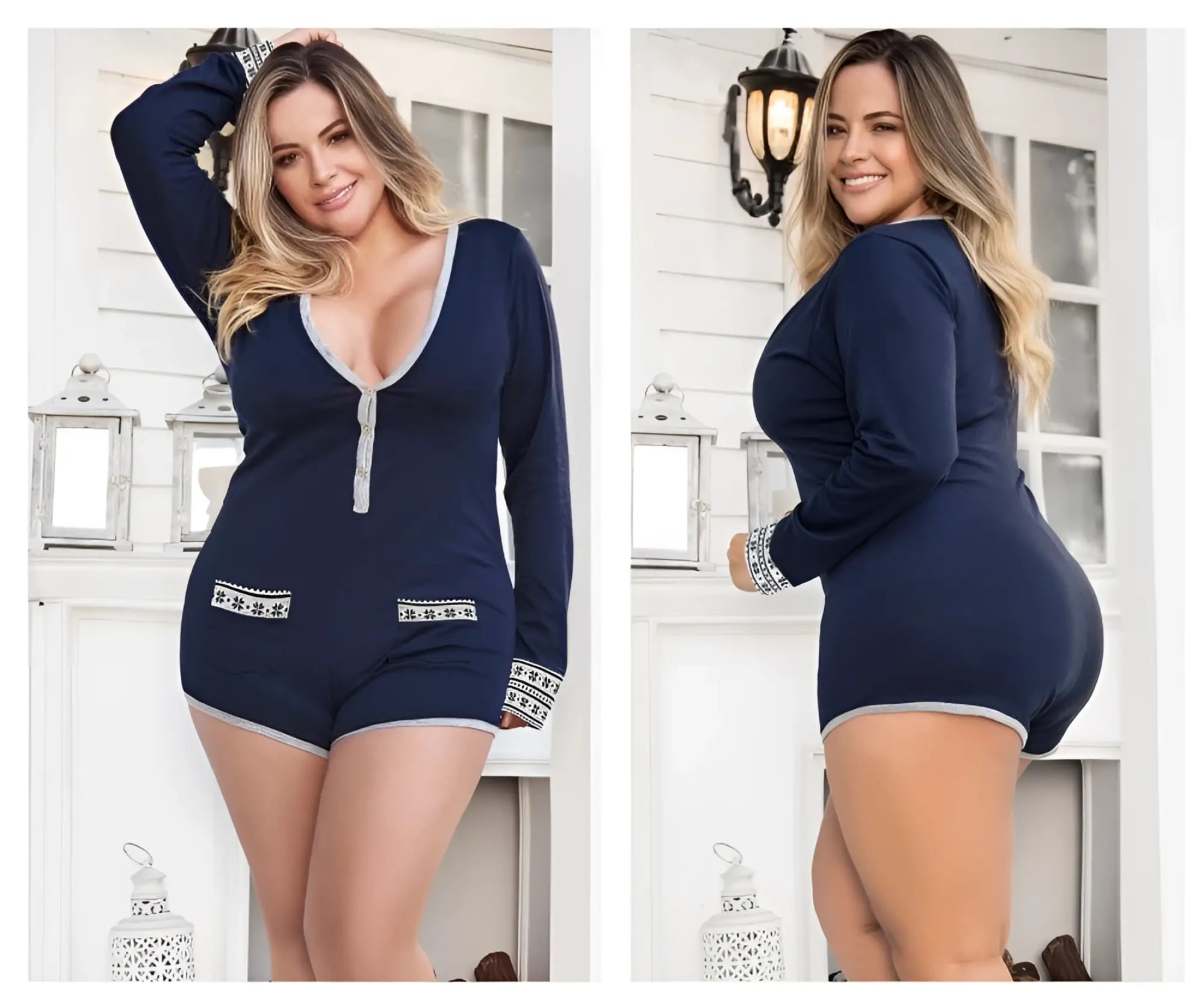Mapale 7233X navy blue long sleeve sleep romper with gray trim and white patterned pockets for comfy loungewear