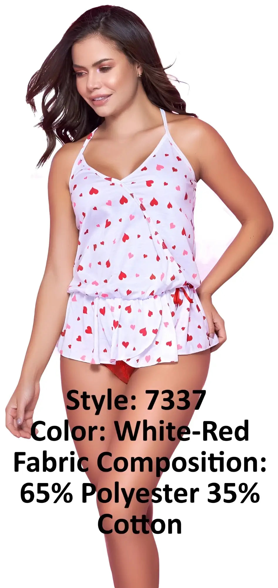 White and red heart-patterned two-piece swimsuit with ruffled hem from mapale 7337 pajama set