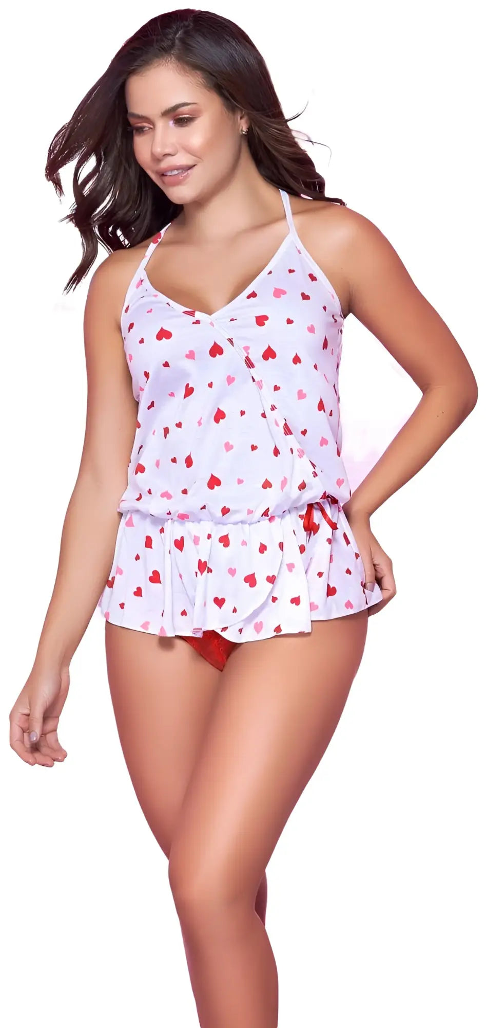 White tankini top with red heart patterns and ruffled hem from mapale 7337 pajama set in white and red