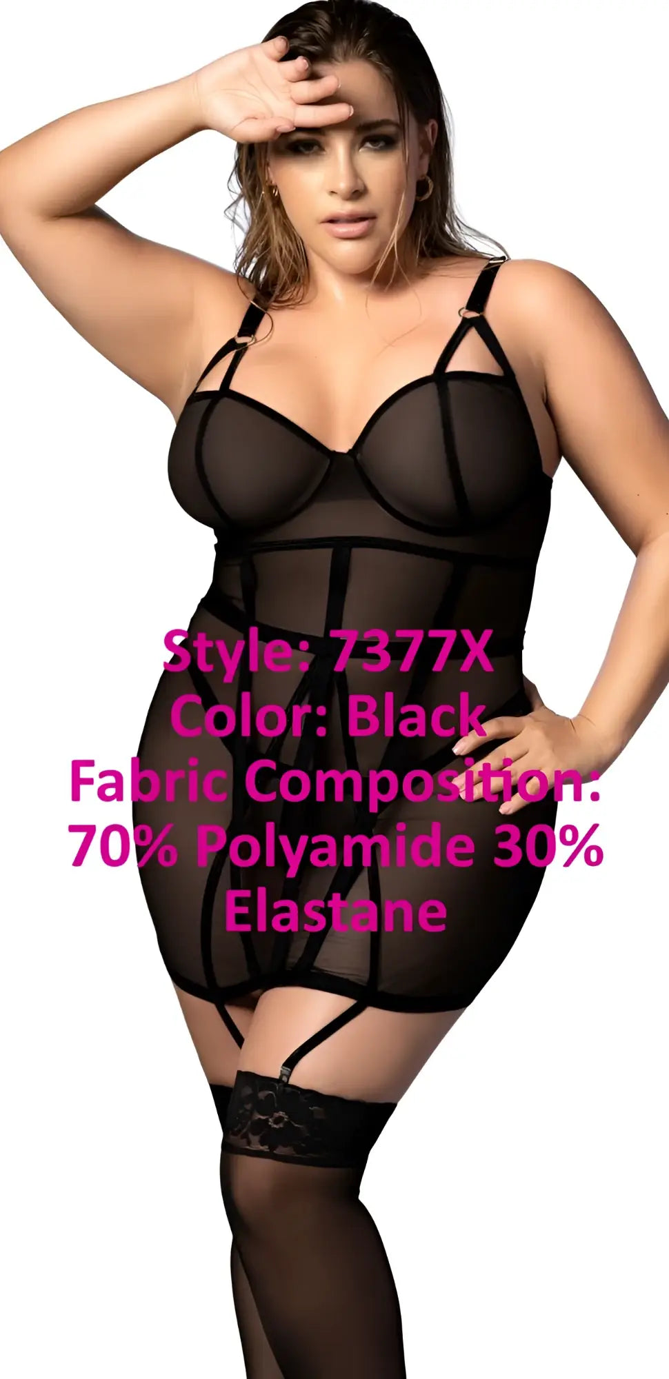Black plus-size bodysuit with sheer mesh panels and lace-trimmed garter straps by mapale 7377x babydoll