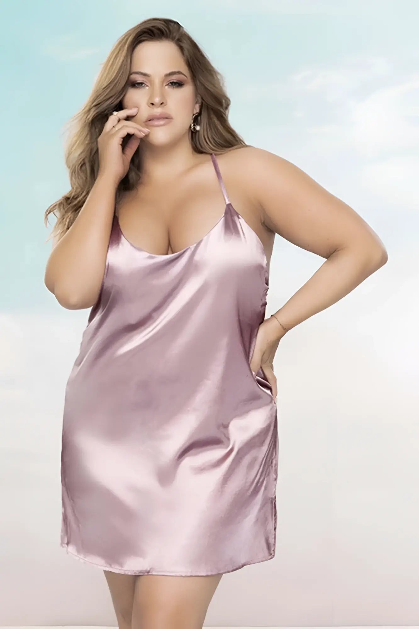Mapale 7422X babydoll soft lavender satin slip dress with delicate spaghetti straps and loose flattering fit in rosewood color