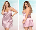 Mapale 7422x babydoll in rosewood soft pink satin with thin straps and back slit shown from the back side