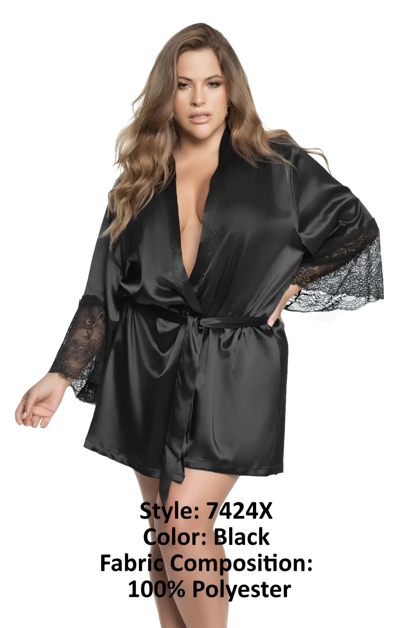 Black satin robe by Mapale with lace trim on sleeves and hem in color black for elegant loungewear