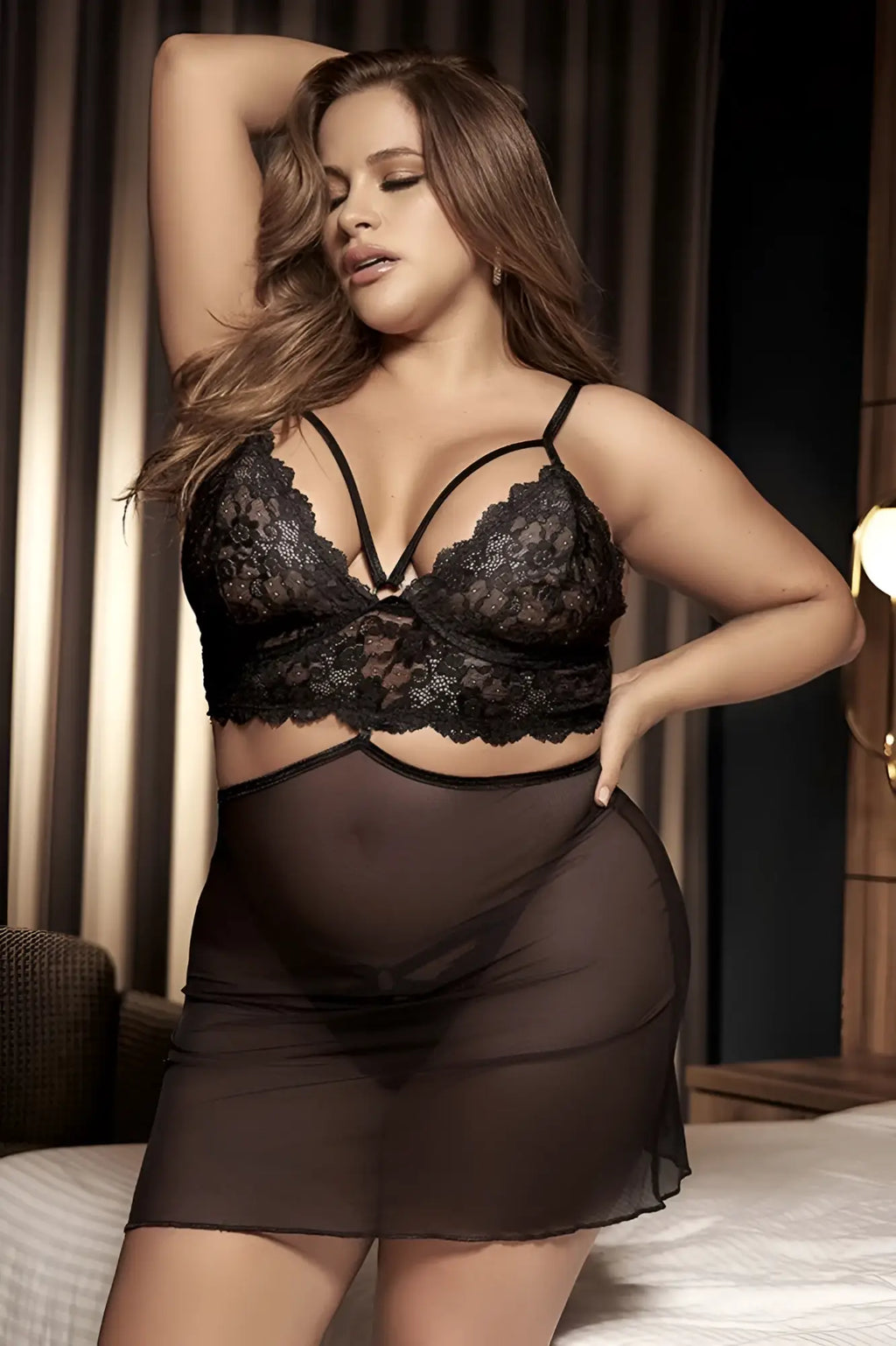 Black lace bra with floral patterns and thin straps paired with sheer brown mesh nightgown in mapale 7433x set