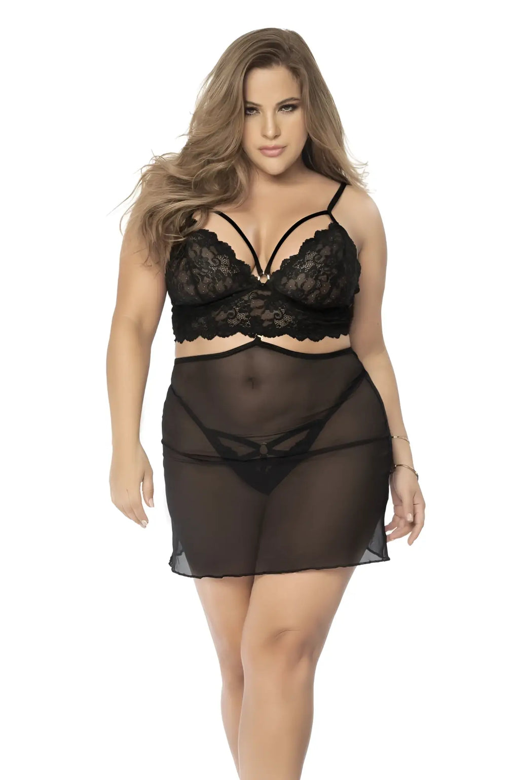 Black lace bra with intricate floral patterns and thin straps paired with matching sheer mesh skirt mapale 7433x set