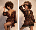 Women’s off-the-shoulder zebra print mapale 7456 robe with black lace trim and back cutout shown from the back