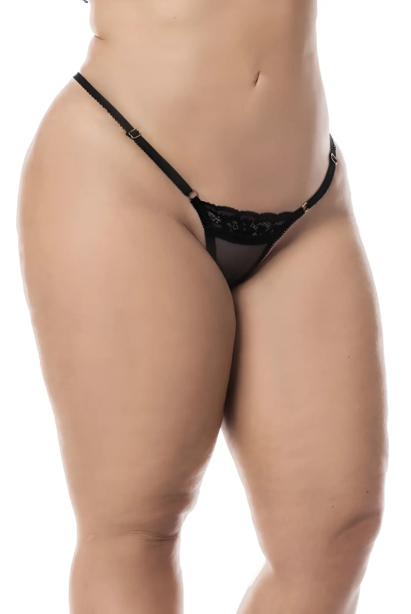 Black lace thong with delicate floral embroidery and thin adjustable straps from mapale 7487X babydoll set in black