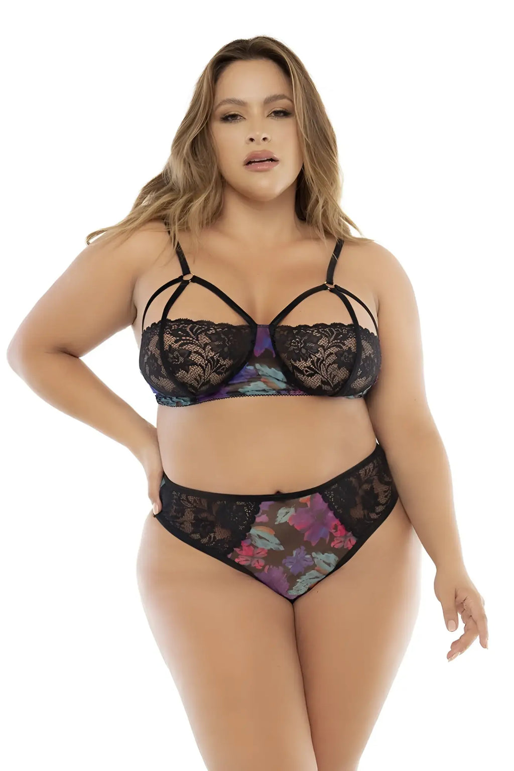 Mapale 7496x babydoll three piece set black lace bra with purple and teal floral pattern and delicate straps