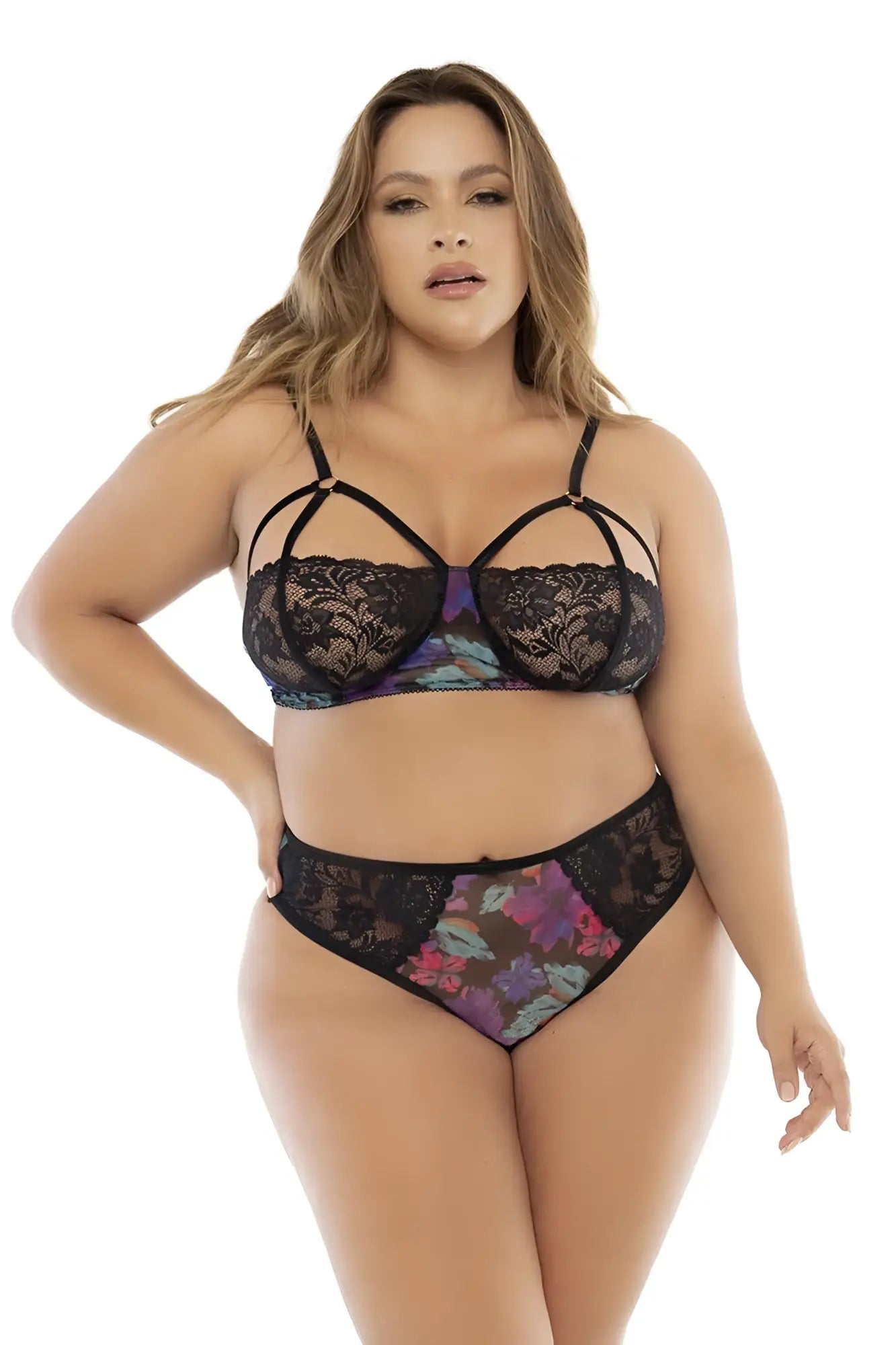 Mapale 7496x babydoll three piece set black lace bra with purple and teal floral pattern and delicate straps