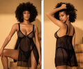 Black sheer mesh lingerie nightgown with thin straps and a high slit from mapale 7498 babydoll collection