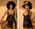 Black sheer mesh lingerie nightgown with thin straps and a high slit from mapale 7498 babydoll collection