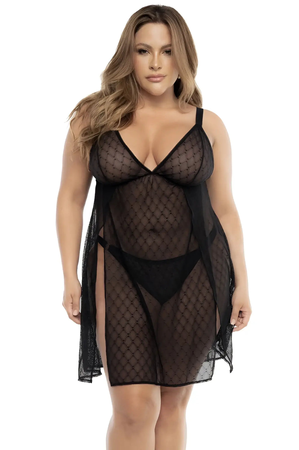 Black sheer mesh nightgown with diamond pattern and thin straps from Mapale 7498X babydoll collection