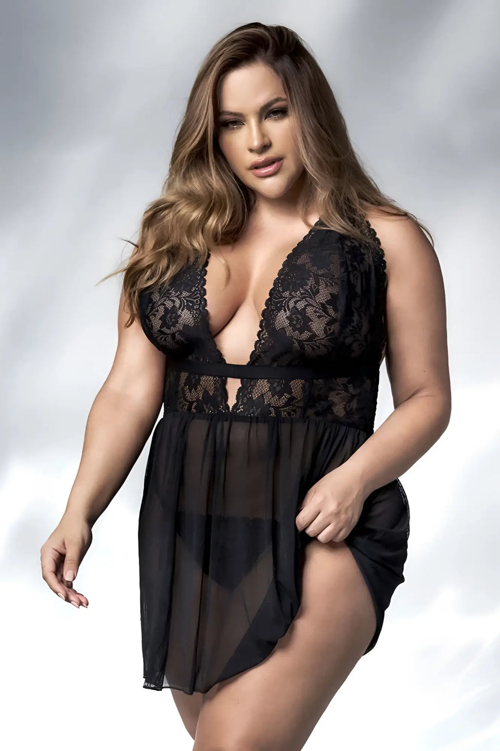 Black lace and sheer mesh nightgown with plunging neckline and halter straps from mapale 7500x babydoll in black