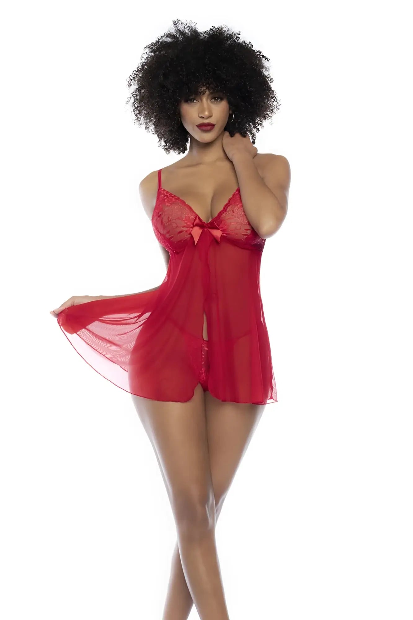 Red lace chemise mapale 7501 babydoll with a bow at the neckline and sheer fabric in red color