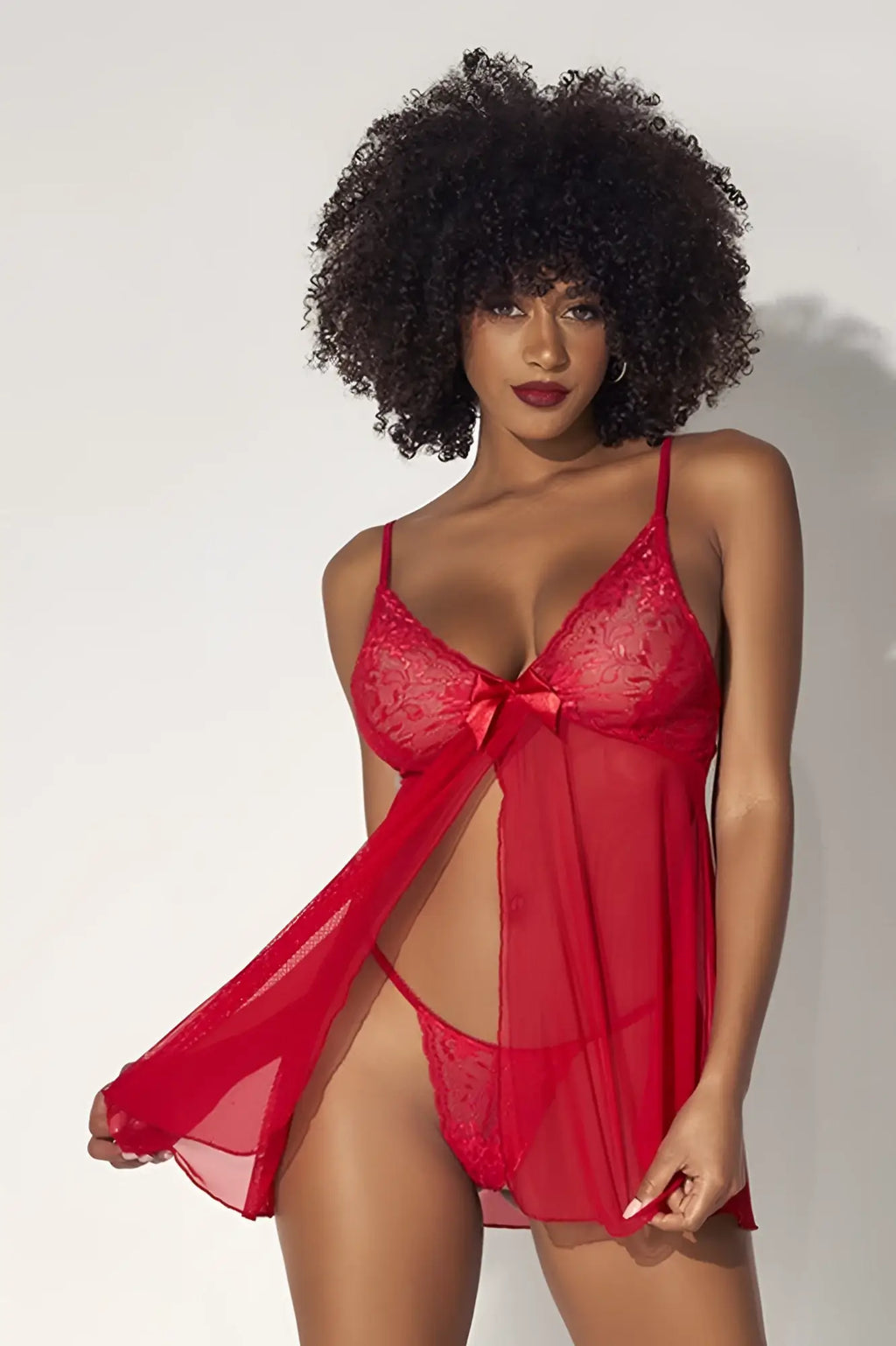 Red lace lingerie set with sheer overlay and matching thong mapale 7501 babydoll in red color