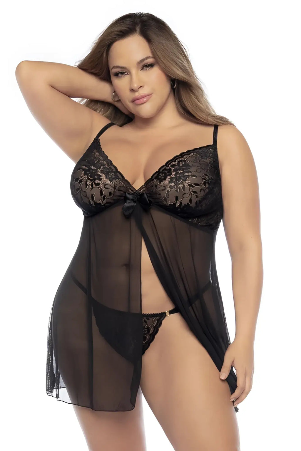 Black lace lingerie set mapale 7501x babydoll with sheer overlay and front bow in black color