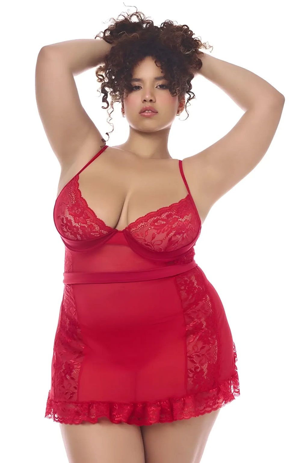 Red lace lingerie set mapale 7507x babydoll with sheer mesh panels ruffled hem and matching g-string in red