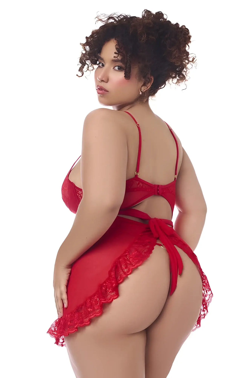 Red lace lingerie set with thin straps and tied-back design from mapale 7507x babydoll with matching g-string