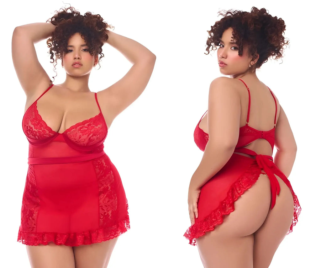 Mapale 7507x red babydoll nightgown with red lace trim sheer mesh panels and back tie shown from the back side